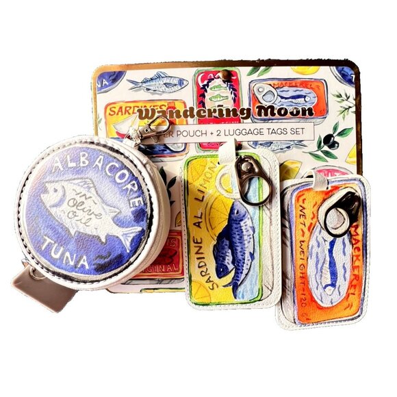 Wandering Moon Zipper Pouch + 2 Luggage Tags Sardines Caviar Traveler Gift FUN - Picture 1 of 5
